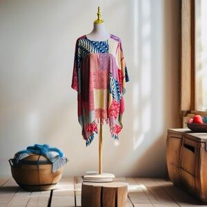 0073/ Bright Pink Batik Patterns Poncho with fringed, Loose Fit Top,